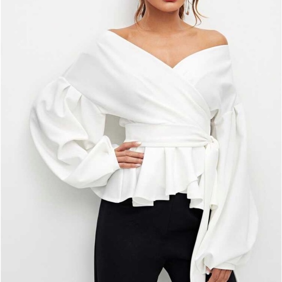 Classic Elegant Luxe Off Shoulder Open Front Self Tie Wrap Top Blouse Shirt - Picture 5 of 5